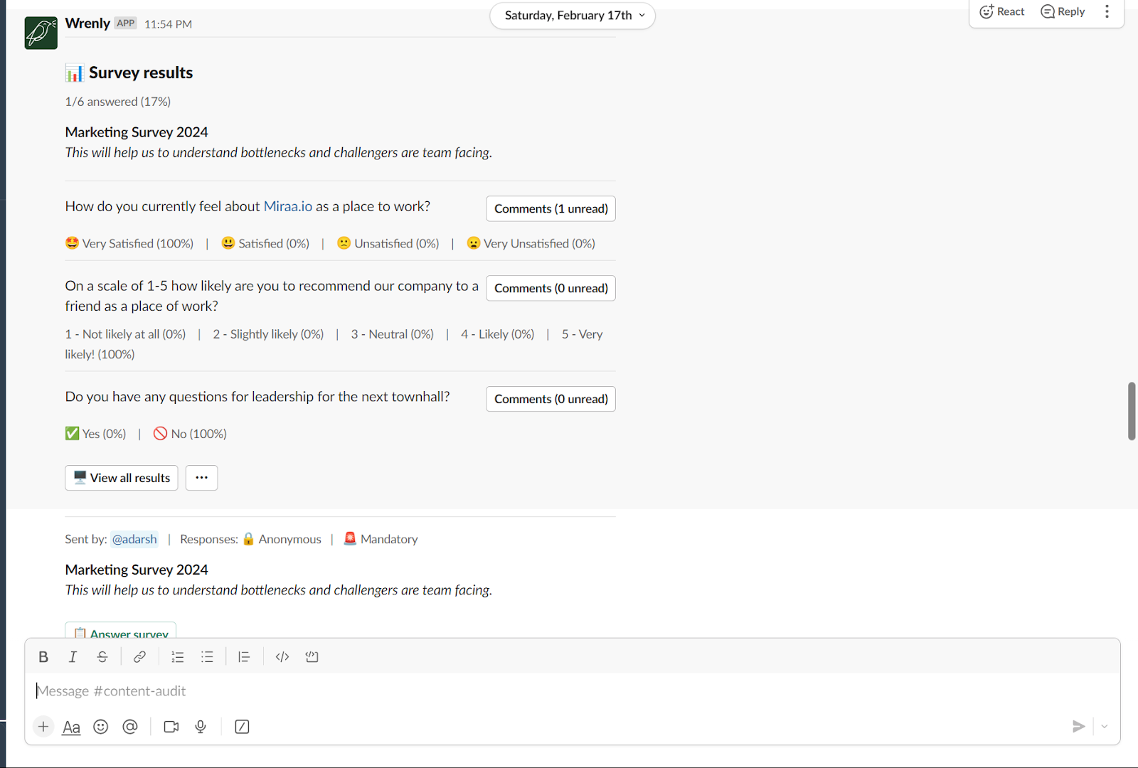 Screenshot of how Wrenly.ai's bot integrates with Slack