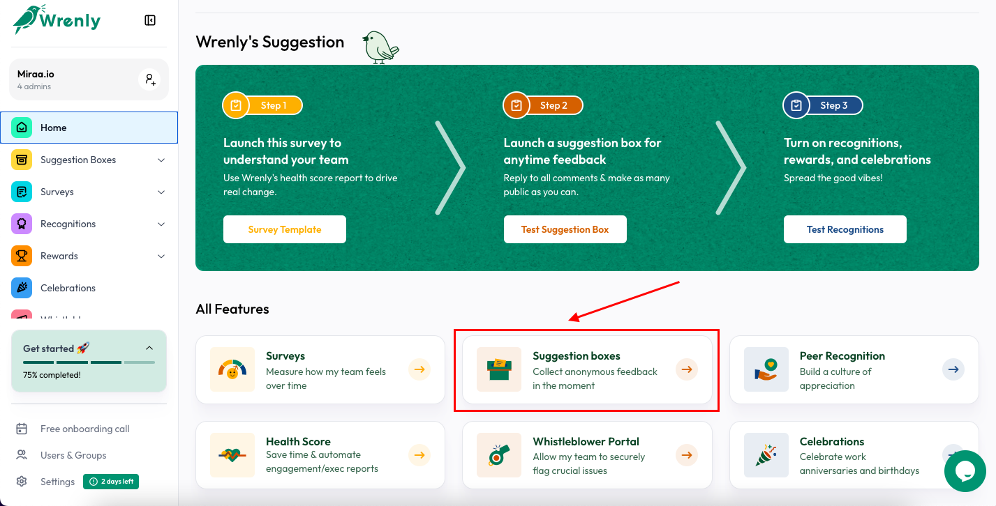 Screenshot of how Wrenly's Suggestion box option looks like