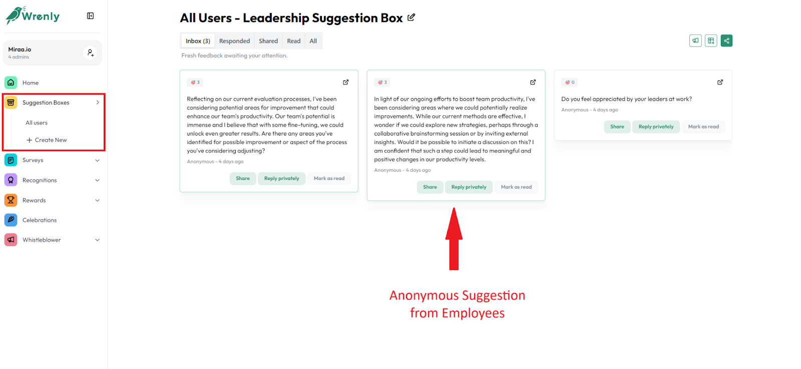 Screenshot of received anonymous suggestion box