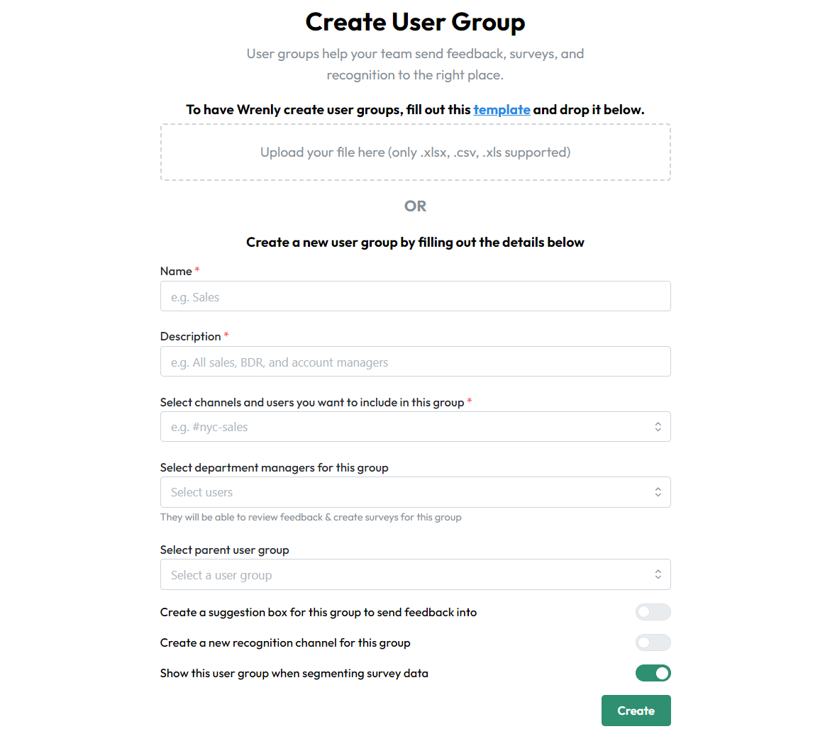 Screenshot of how to create a user group in Wrenly
