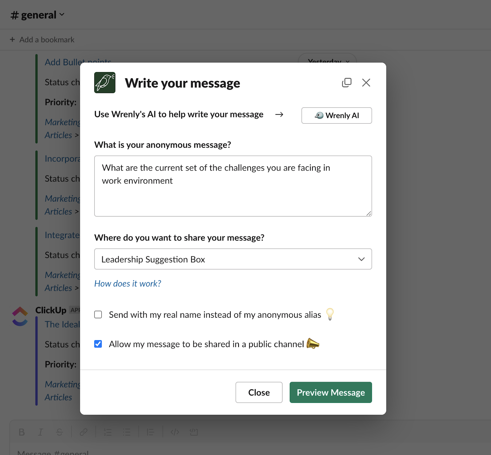 Screenshot of how anonymous messages is shared in slack using Wrenly