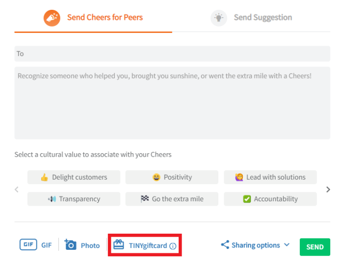 Sending TINYgiftcard to peers in TINYpulse